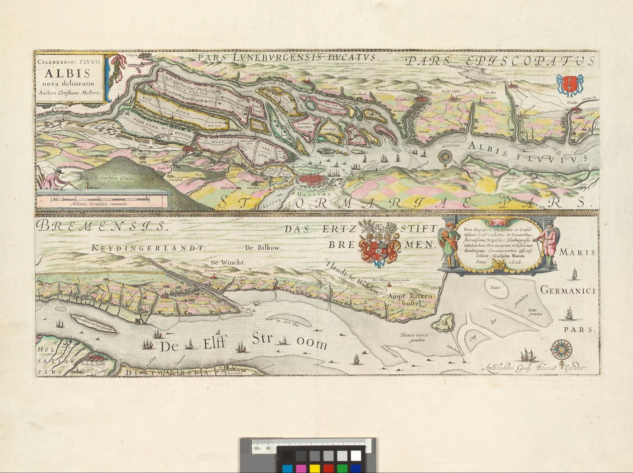 Celeberrimi Flvvii Albis nova delineatio : Viris Magnificis Amplißimis et Consultißimis Domis. Consulibus et Senatoribus, florentissimae Republicae Hamburgensis tabulam, hanc Provinciarum et Insularum Hamburgum Circumiacentium officiose dedicat / Auctore C alkotó: Willem Blaeu