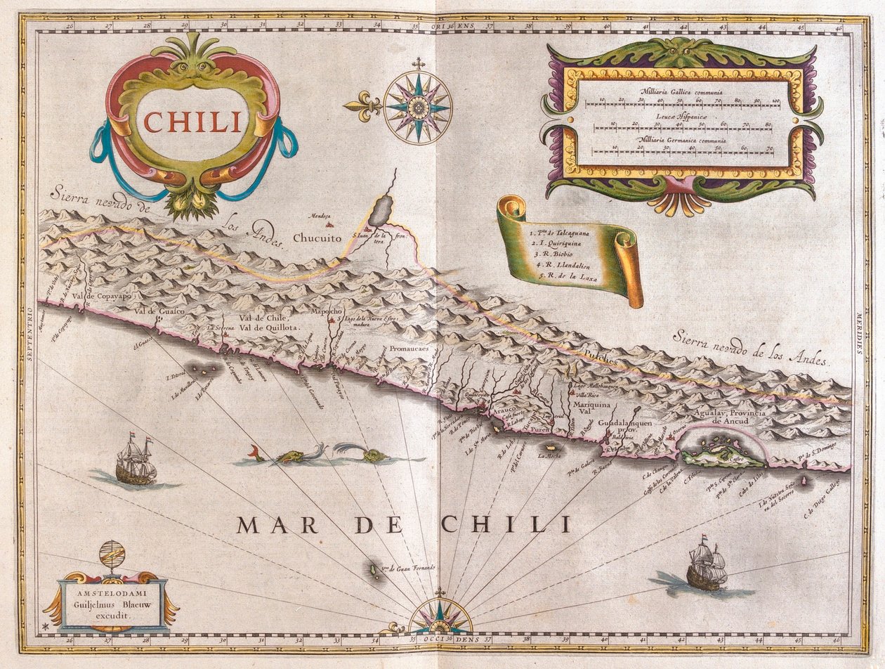 Chile, a Willem Blaeu által készített "Theatrum Orbis Terrarum, sive Atlas Novus" című könyvben, Amszterdam. alkotó: Willem Blaeu