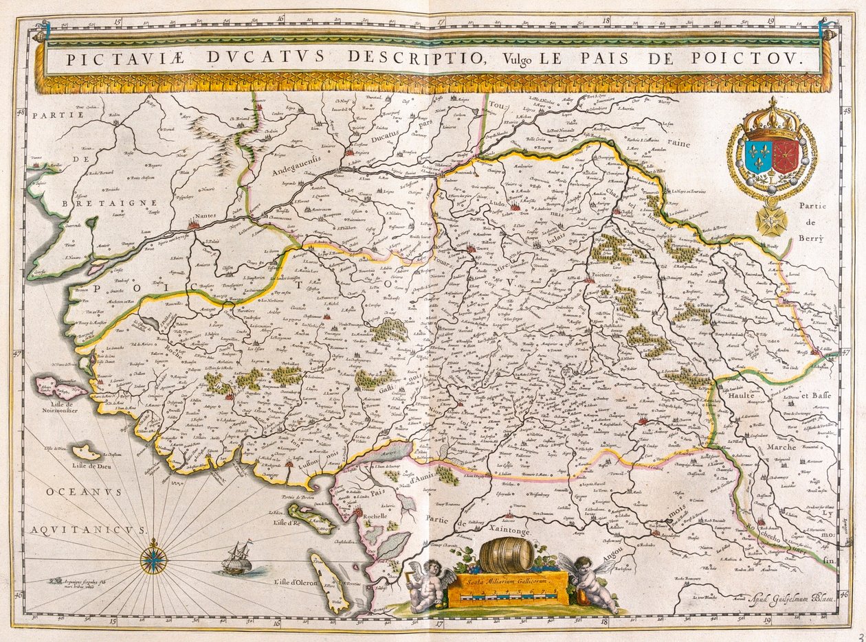 Nantes és Rochelle partvonala és városai, Willem Blaeu "Theatrum Orbis Terrarum, sive Atlas Novus" című könyvében, Amszterdam, Amszterdam. alkotó: Willem Blaeu