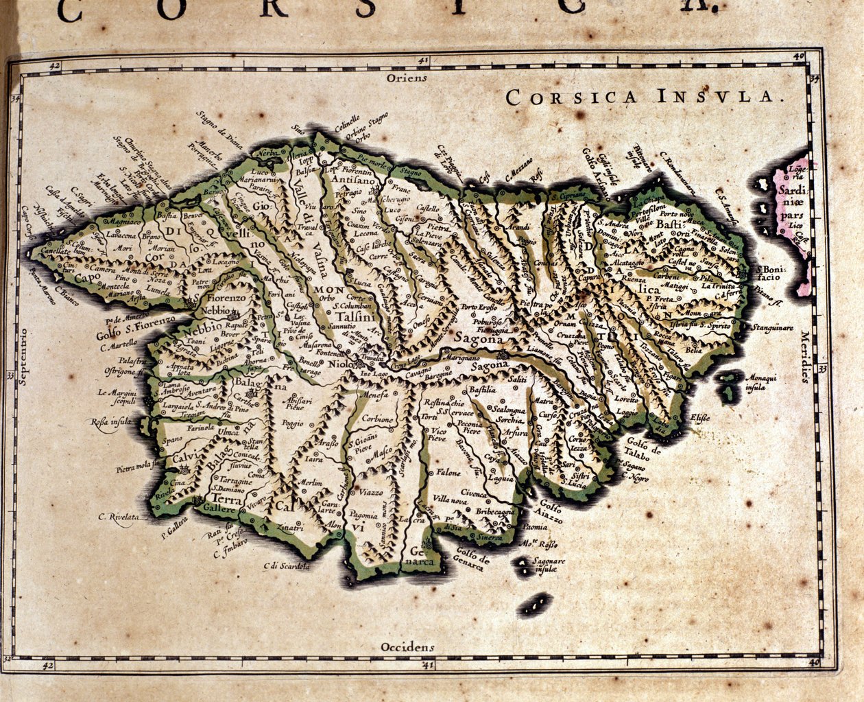 Korzika a Wilhelm Blaeu atlaszból. Amszterdam 17. század. alkotó: Willem Blaeu