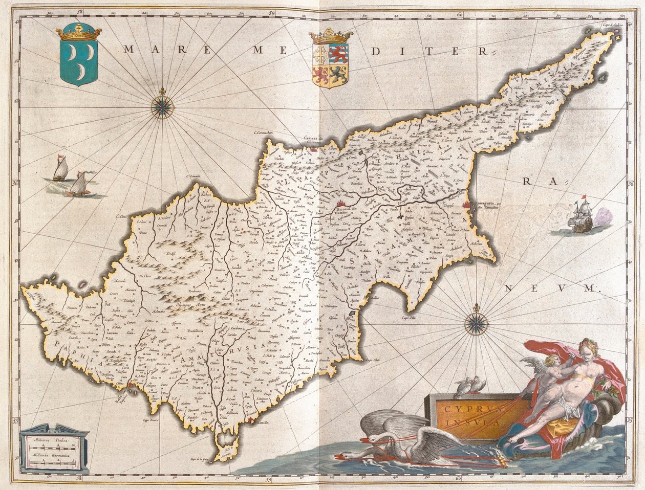 Ciprus, a Willem Blaeu által készített "Theatrum Orbis Terrarum, sive Atlas Novus"-ban (Amszterdam). alkotó: Willem Blaeu