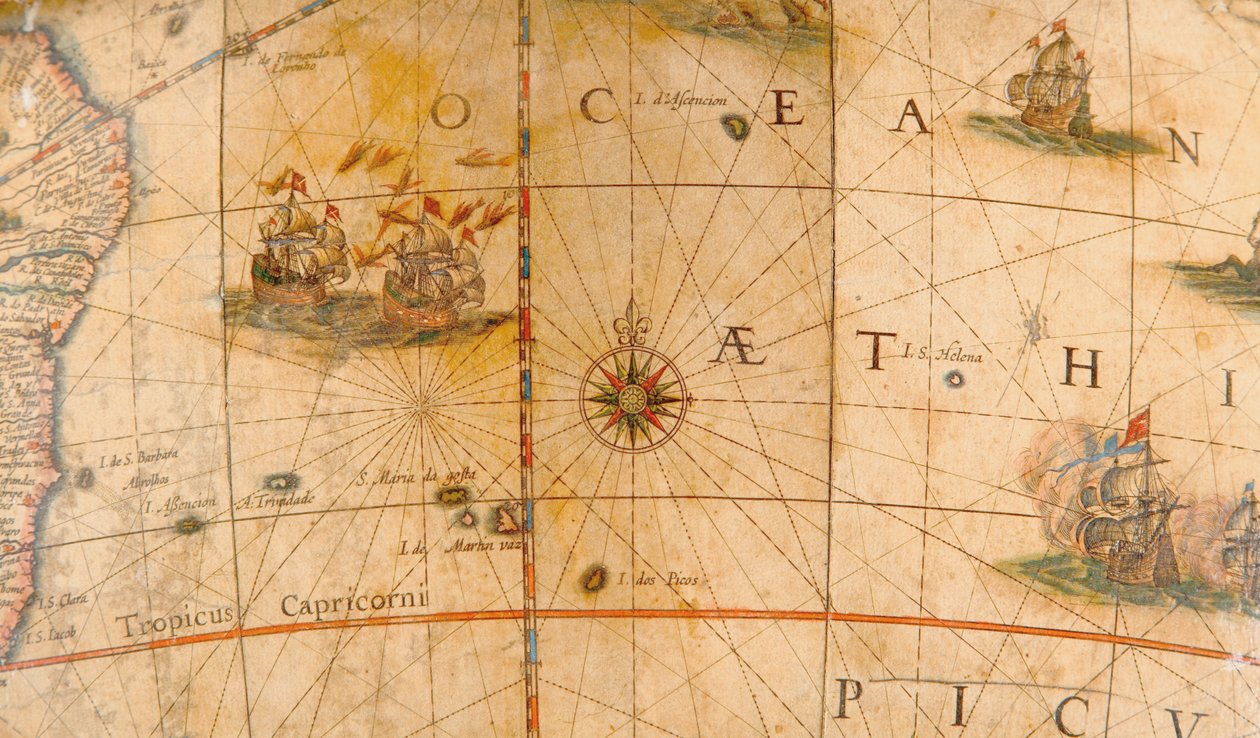 Részlet az Atlanti-óceánon harcoló hajókról egy szárazföldi földgömbről 1645/48 alkotó: Willem Blaeu