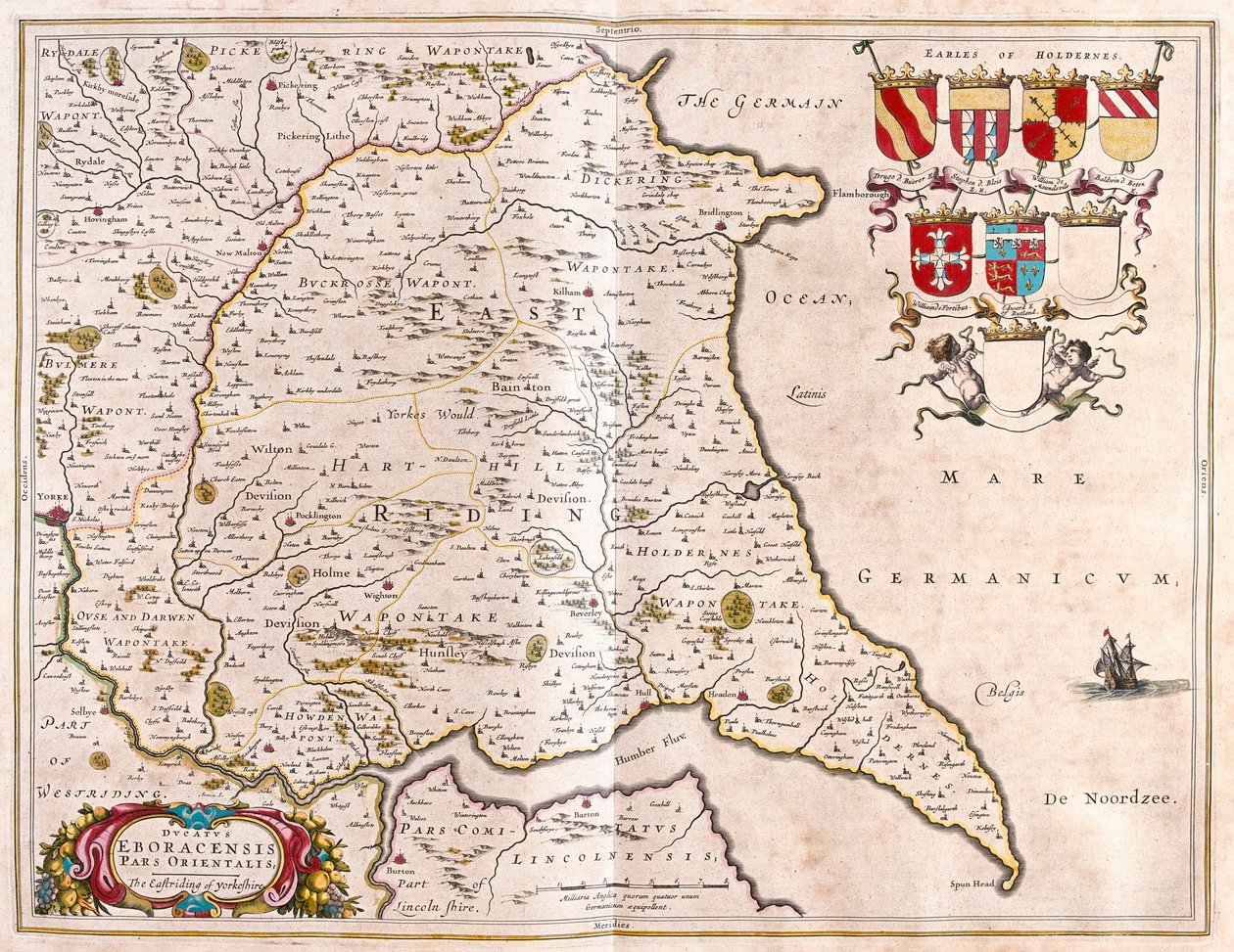 East riding of Yorkshire, a Willem Blaeu által készített "Theatrum Orbis Terrarum, sive Atlas Novus"-ban (Amszterdam). alkotó: Willem Blaeu