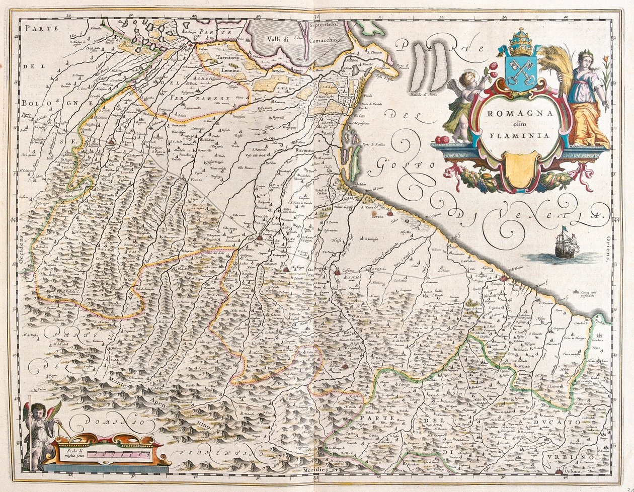 Emilia Romagna, Olaszország, az amszterdami Willem Blaeu "Theatrum Orbis Terrarum, sive Atlas Novus" című művében. alkotó: Willem Blaeu