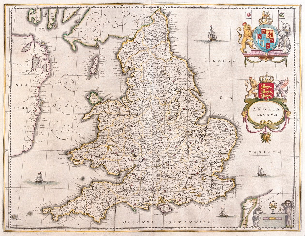 Anglia, a Willem Blaeu által készített "Theatrum Orbis Terrarum, sive Atlas Novus"-ban (Amszterdam). alkotó: Willem Blaeu