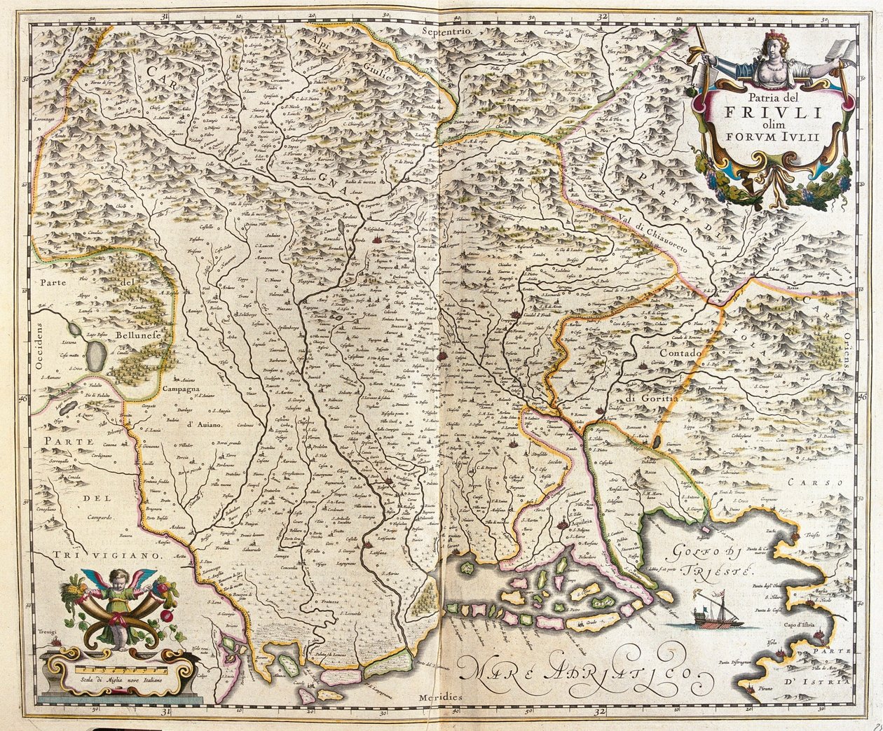 Friuli Venezia Giulia, Olaszország, az amszterdami Willem Blaeu "Theatrum Orbis Terrarum, sive Atlas Novus" című művében. alkotó: Willem Blaeu