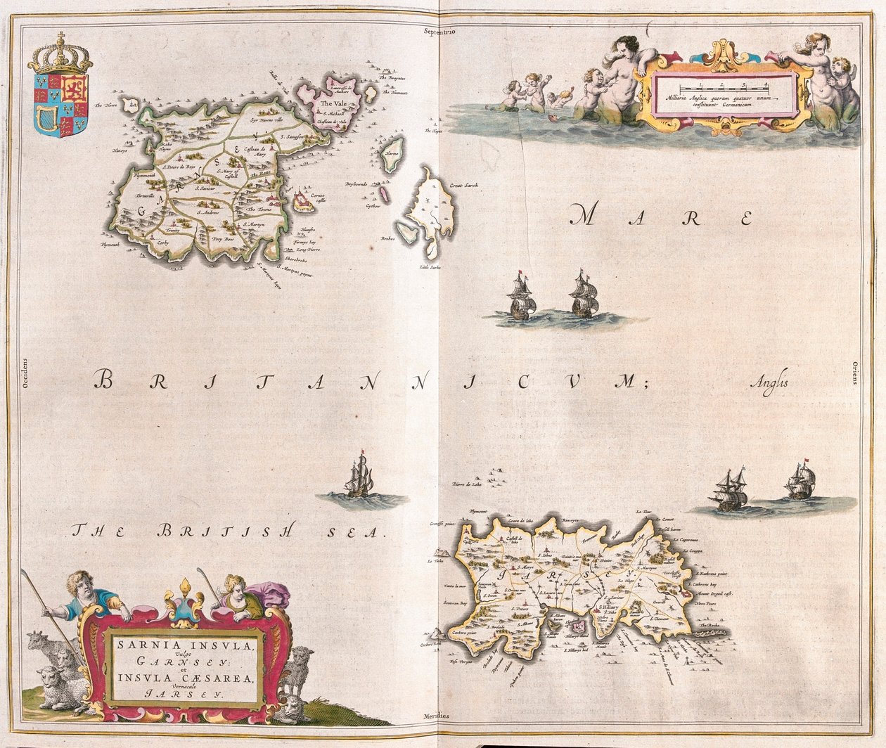 Garnsey - mezei szigetek, a Willem Blaeu által készített "Theatrum Orbis Terrarum, sive Atlas Novus"-ban (Amszterdam). alkotó: Willem Blaeu