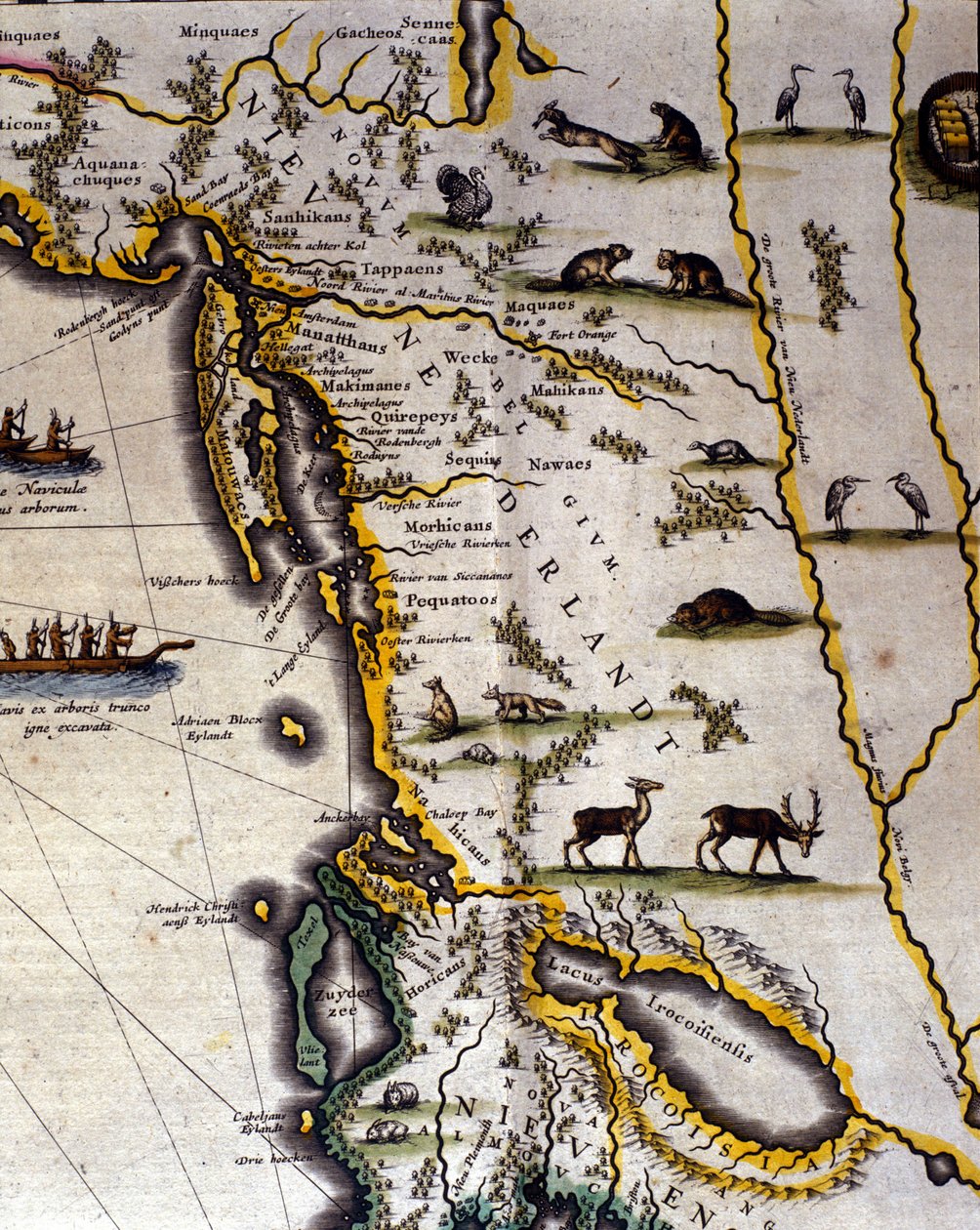 Wilhelm Blaeu (1571-1638) által készített 17. századi holland atlasz földrajzi térképe, amely amerikai és kanadai területeket mutat be prémes állatokat. Észak a középkori szokás szerint lent van. alkotó: Willem Blaeu