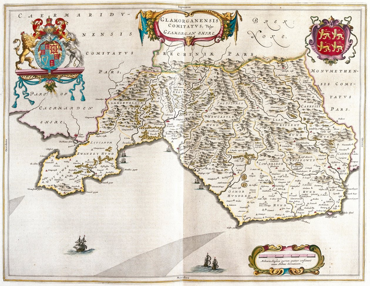 Glamorgan shire, a Willem Blaeu által készített "Theatrum Orbis Terrarum, sive Atlas Novus"-ban (Amszterdam). alkotó: Willem Blaeu
