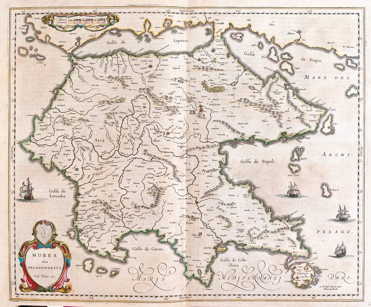Görögország, Peloponnészosz, a Willem Blaeu által készített "Theatrum Orbis Terrarum, sive Atlas Novus"-ban, Amszterdam, Amszterdam alkotó: Willem Blaeu