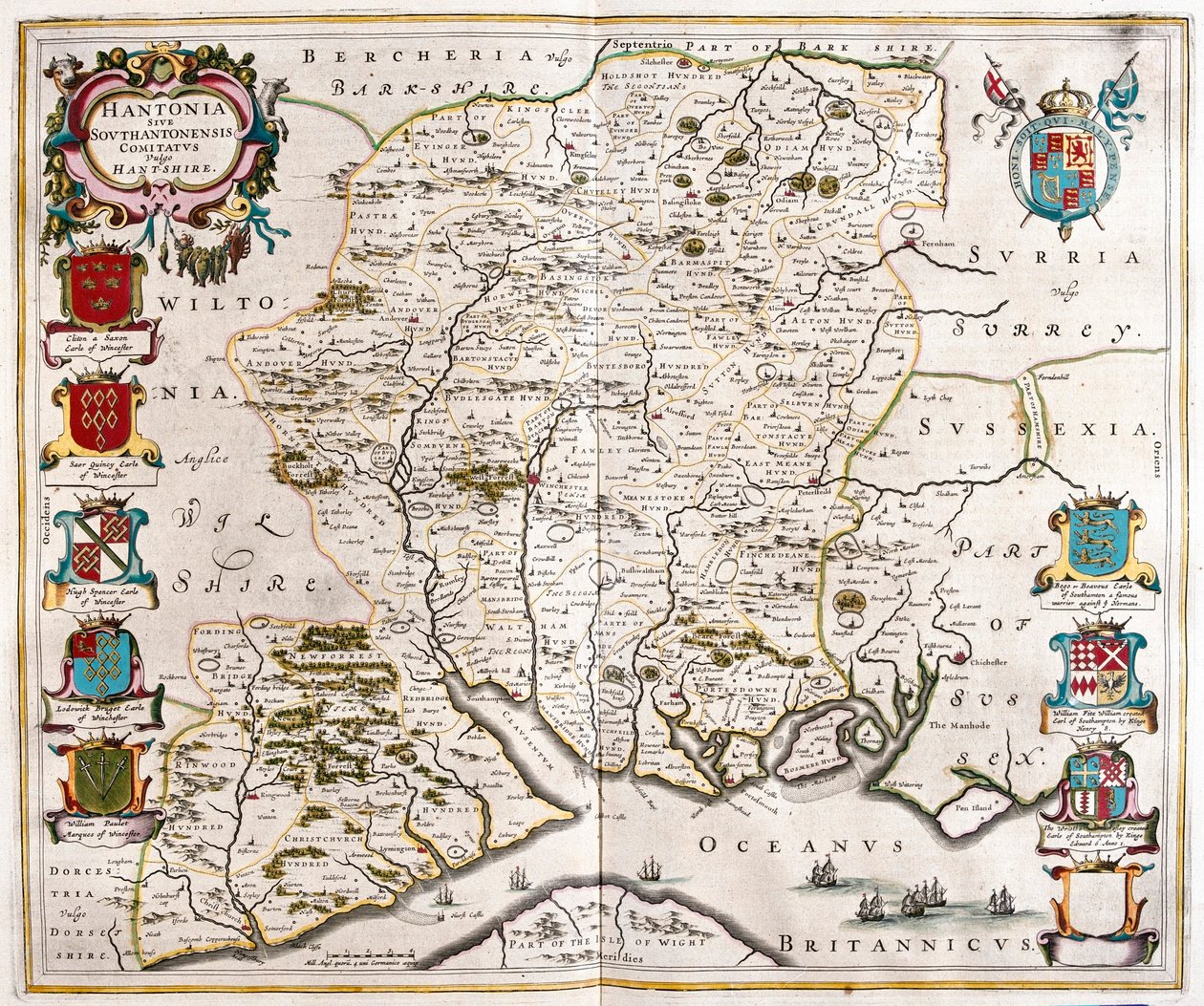 Hampshire és Southampton, a Willem Blaeu által készített "Theatrum Orbis Terrarum, sive Atlas Novus"-ban, Amszterdam, Amszterdam alkotó: Willem Blaeu