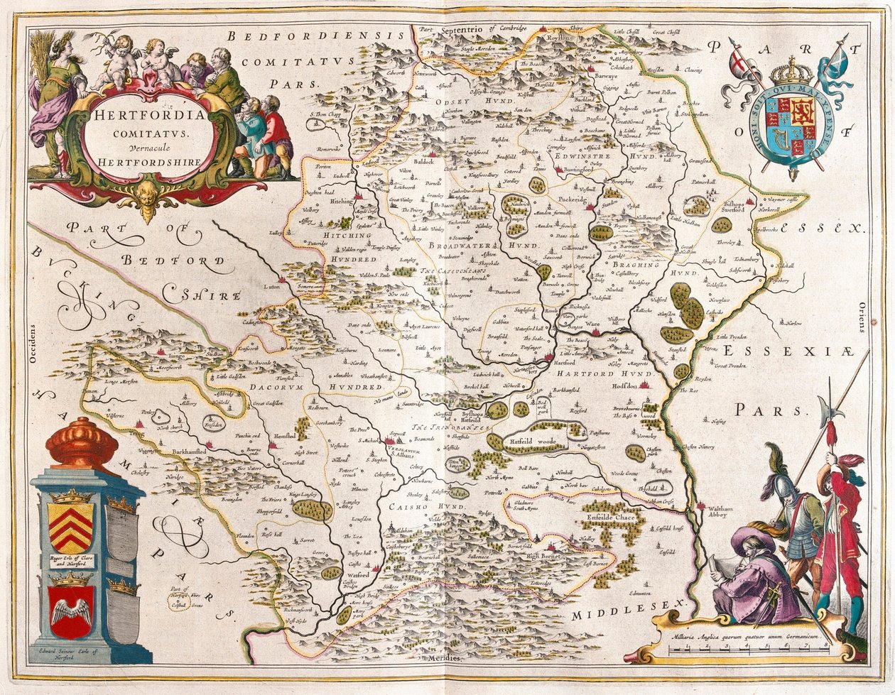 Hertford shire, a Willem Blaeu által készített "Theatrum Orbis Terrarum, sive Atlas Novus"-ban (Amszterdam). alkotó: Willem Blaeu