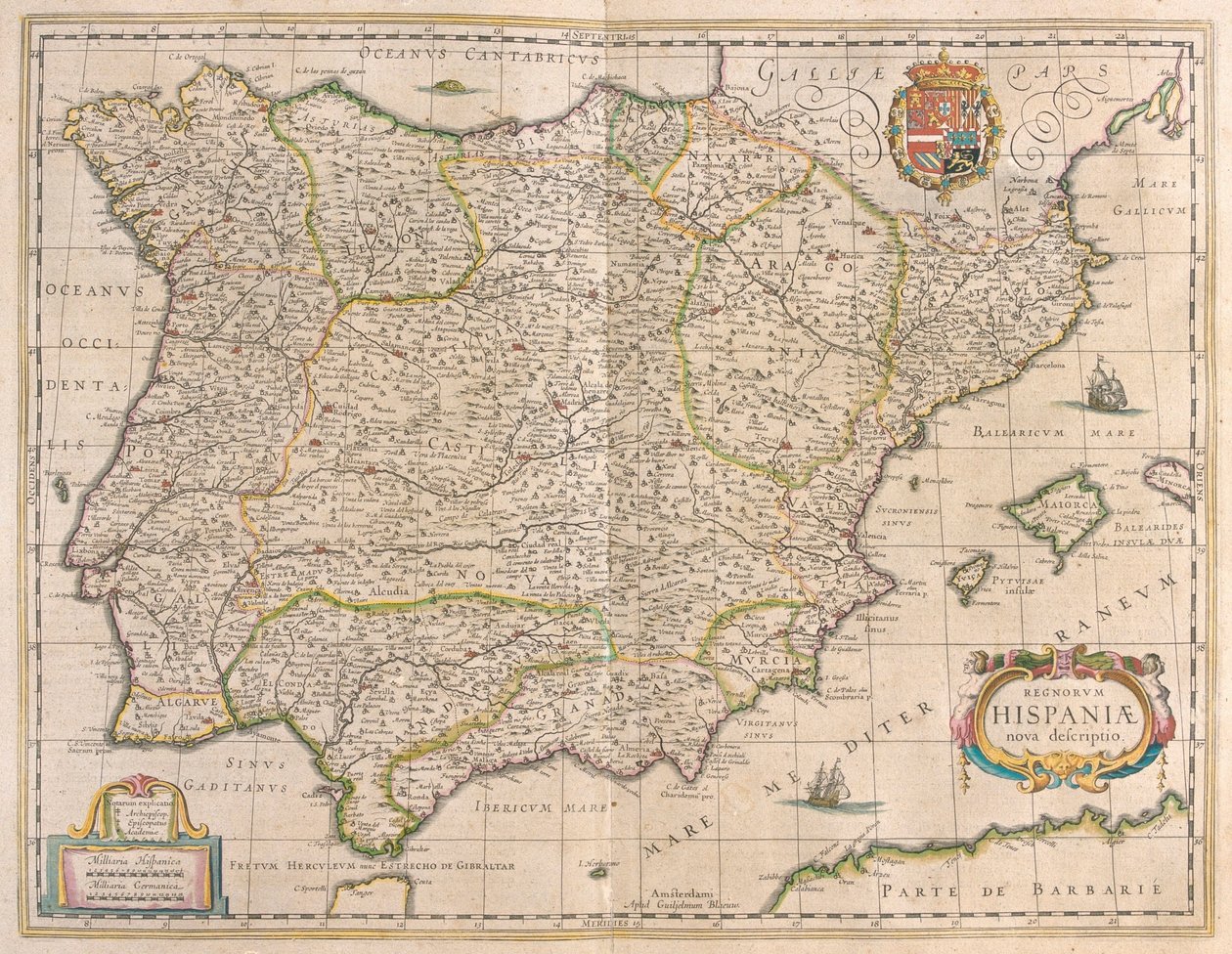 Az Ibériai-félsziget, Willem Blaeu "Theatrum Orbis Terrarum, sive Atlas Novus" című művében, Amszterdam, Amszterdam. alkotó: Willem Blaeu