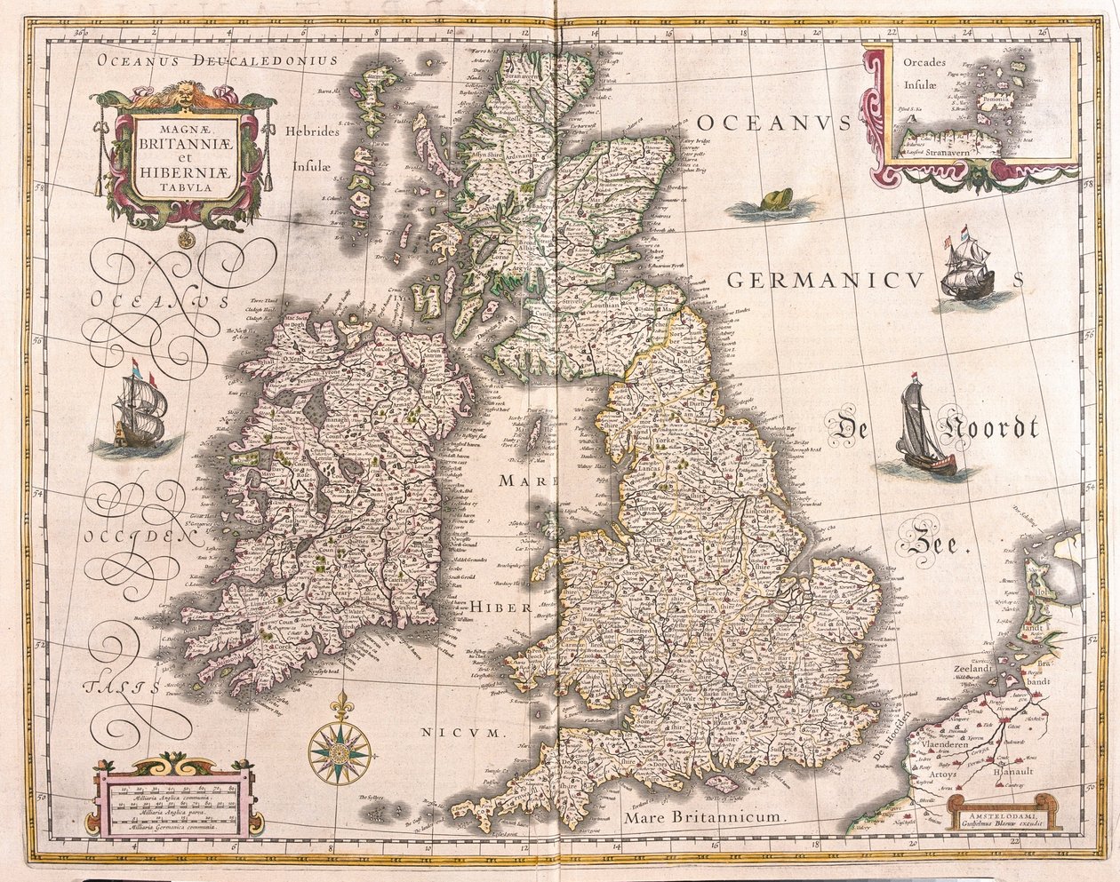 Írország és Nagy-Britannia, a Willem Blaeu által készített "Theatrum Orbis Terrarum, sive Atlas Novus"-ban (Amszterdam). alkotó: Willem Blaeu