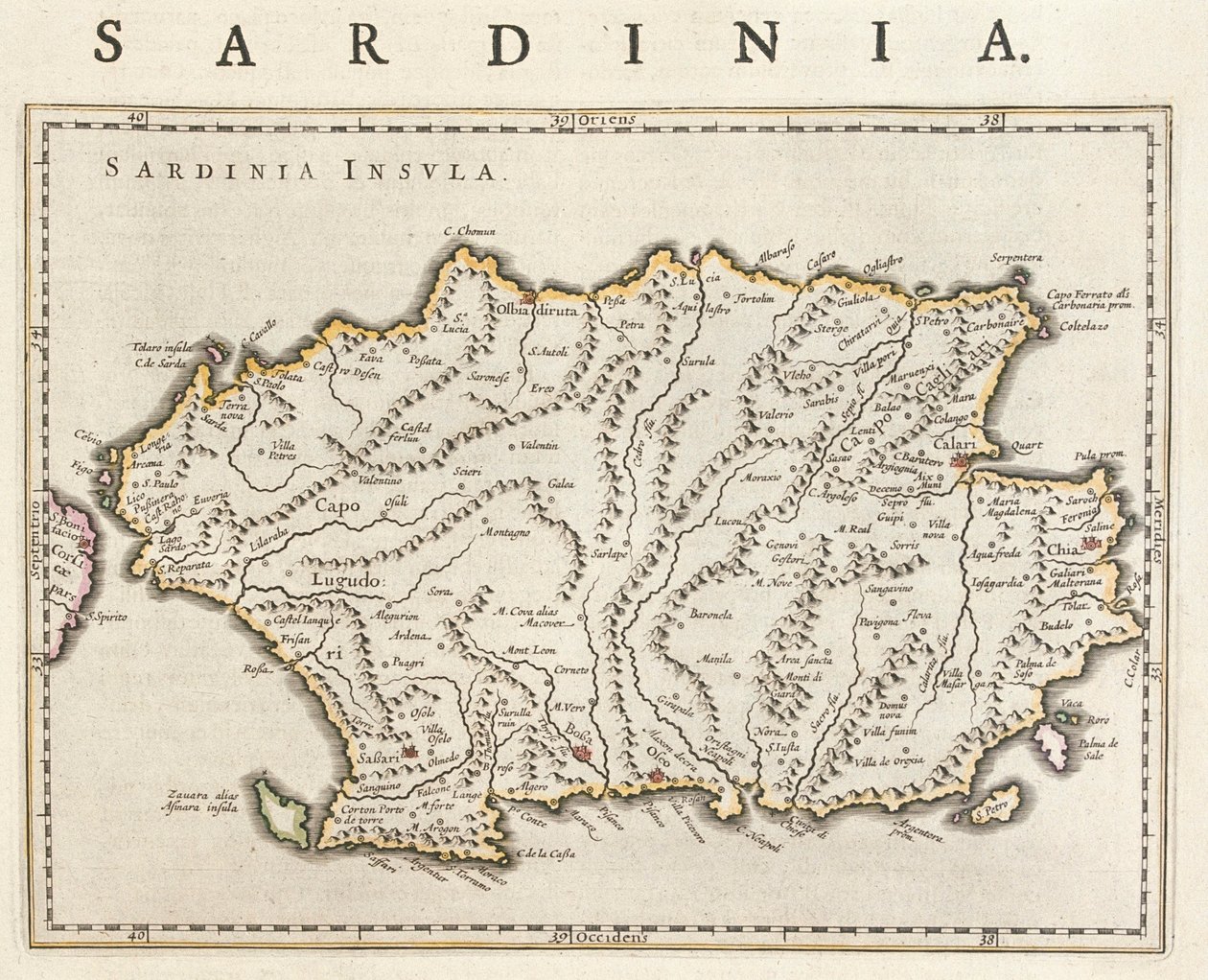 Szardínia szigete, Olaszország, Willem Blaeu "Theatrum Orbis Terrarum, sive Atlas Novus" című művében, Amszterdam. alkotó: Willem Blaeu