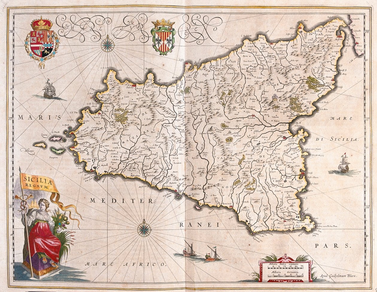Szicília szigete, Olaszország, Willem Blaeu "Theatrum Orbis Terrarum, sive Atlas Novus" című művében, Amszterdam. alkotó: Willem Blaeu
