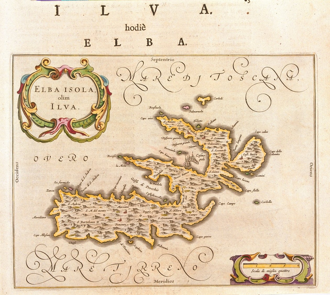Az olaszországi Elba-sziget, Willem Blaeu, Amszterdam, "Theatrum Orbis Terrarum, sive Atlas Novus" című művében. alkotó: Willem Blaeu