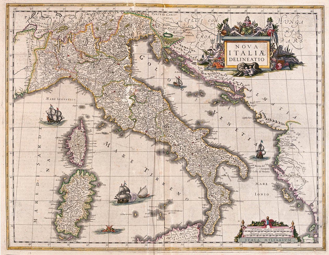 Olaszország és Korfu, a Willem Blaeu által készített "Theatrum Orbis Terrarum, sive Atlas Novus" című kötetben, Amszterdam. alkotó: Willem Blaeu