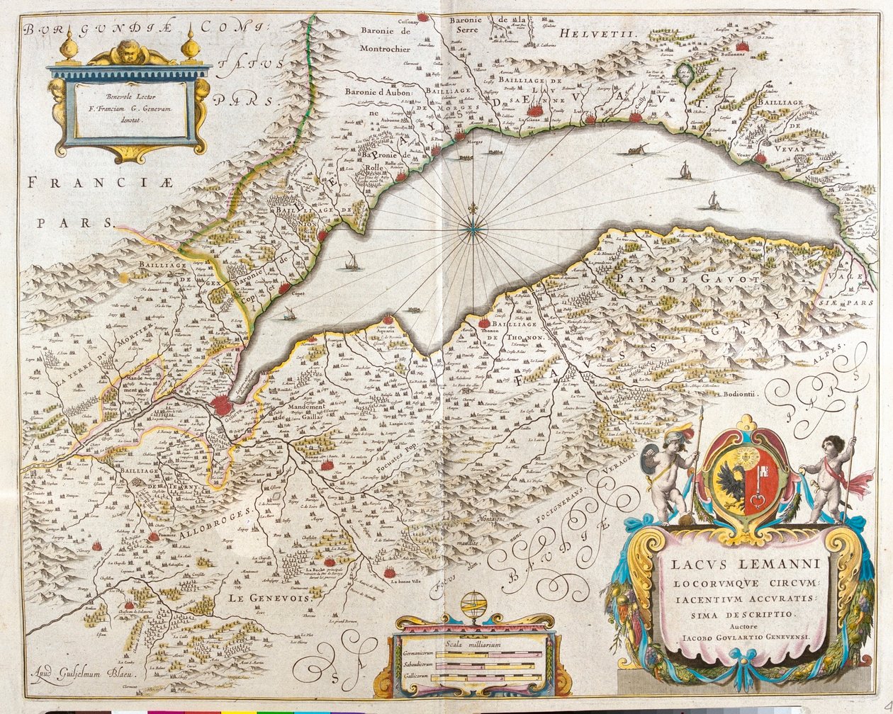 A Genfi-tó, Willem Blaeu "Theatrum Orbis Terrarum, sive Atlas Novus" című művében, Amszterdam, Amszterdam. alkotó: Willem Blaeu