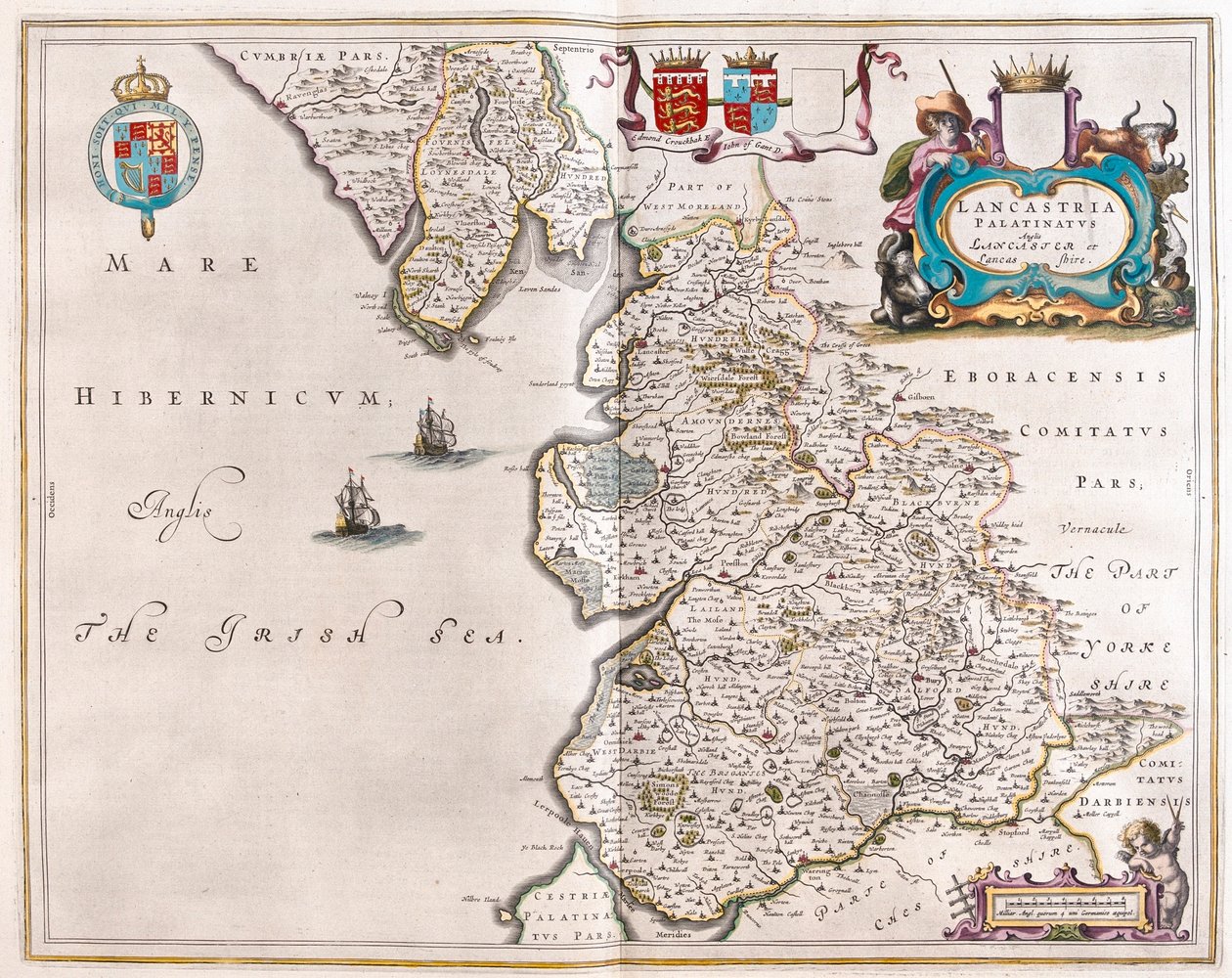 Lancaster és Lancastshire, a Willem Blaeu által készített "Theatrum Orbis Terrarum, sive Atlas Novus"-ban (Amszterdam). alkotó: Willem Blaeu