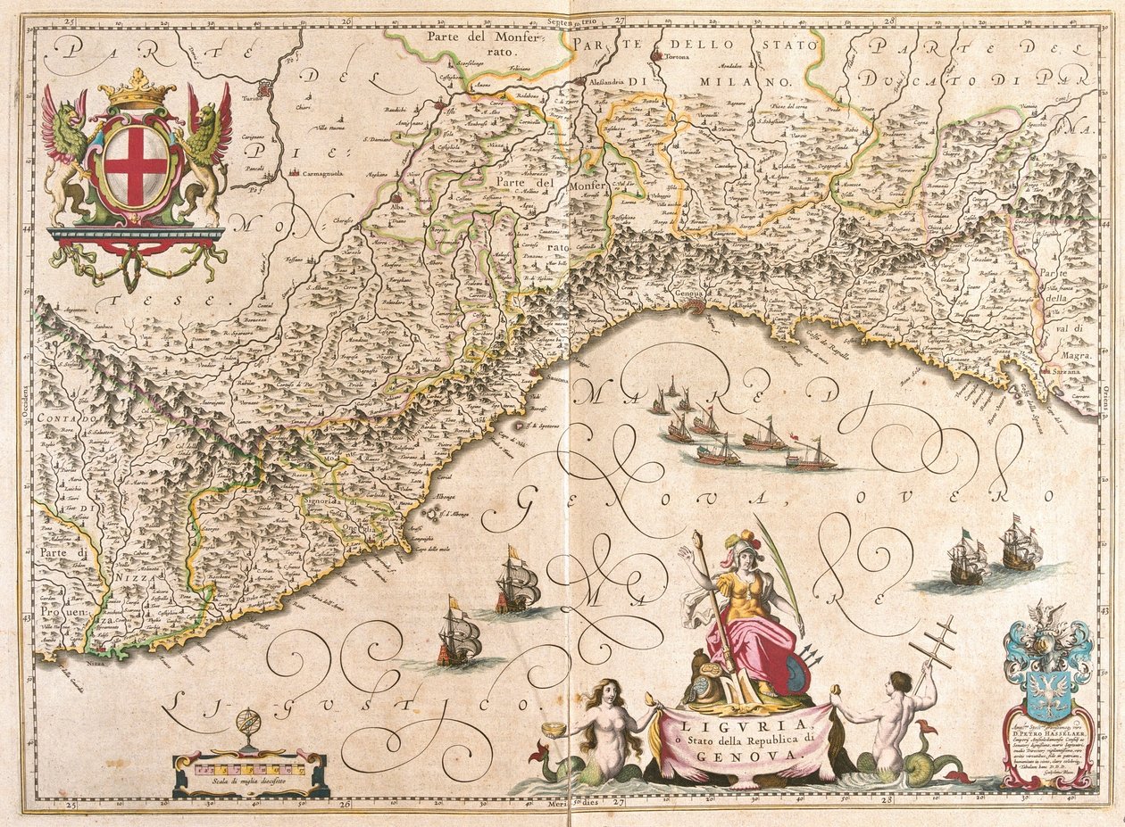 Liguria, Olaszország, az amszterdami Willem Blaeu "Theatrum Orbis Terrarum, sive Atlas Novus" című művében. alkotó: Willem Blaeu