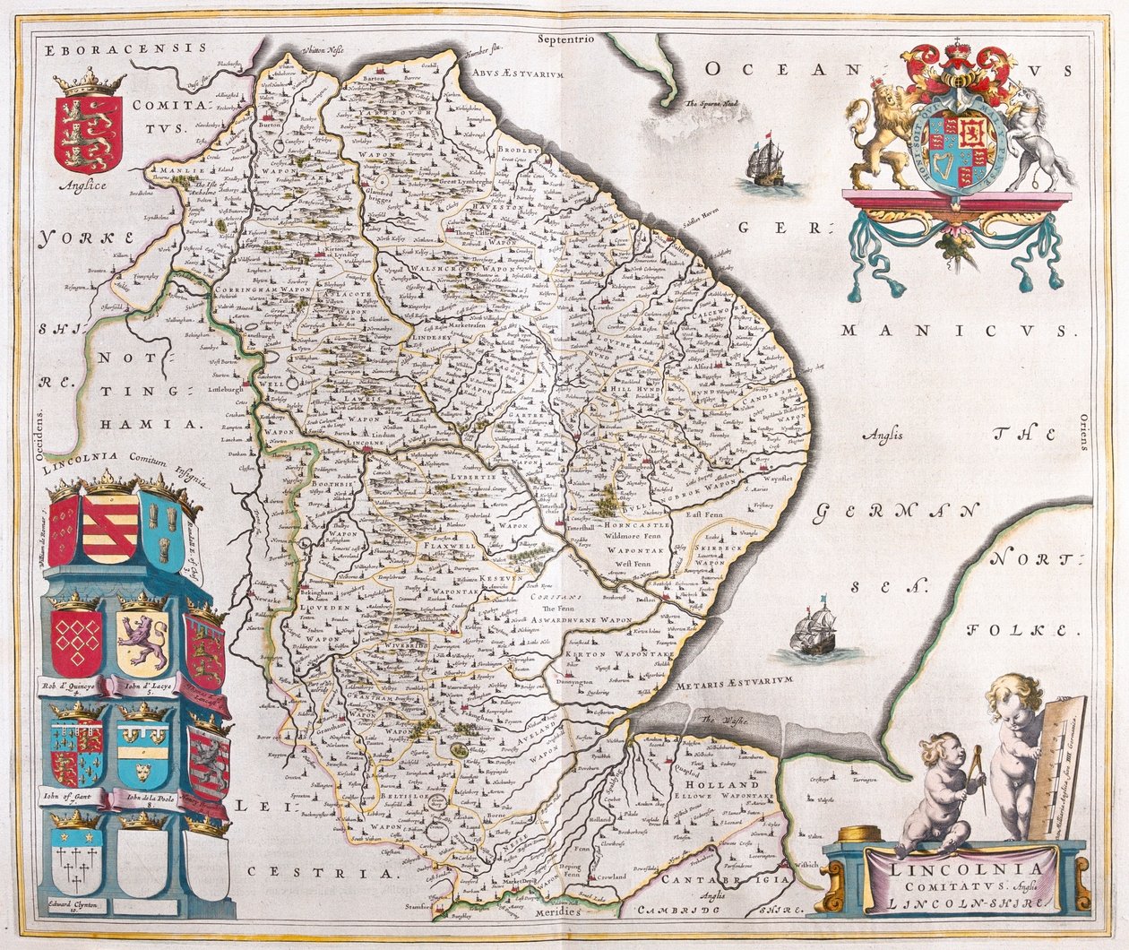 Lincoln shire, a Willem Blaeu által készített "Theatrum Orbis Terrarum, sive Atlas Novus"-ban (Amszterdam). alkotó: Willem Blaeu