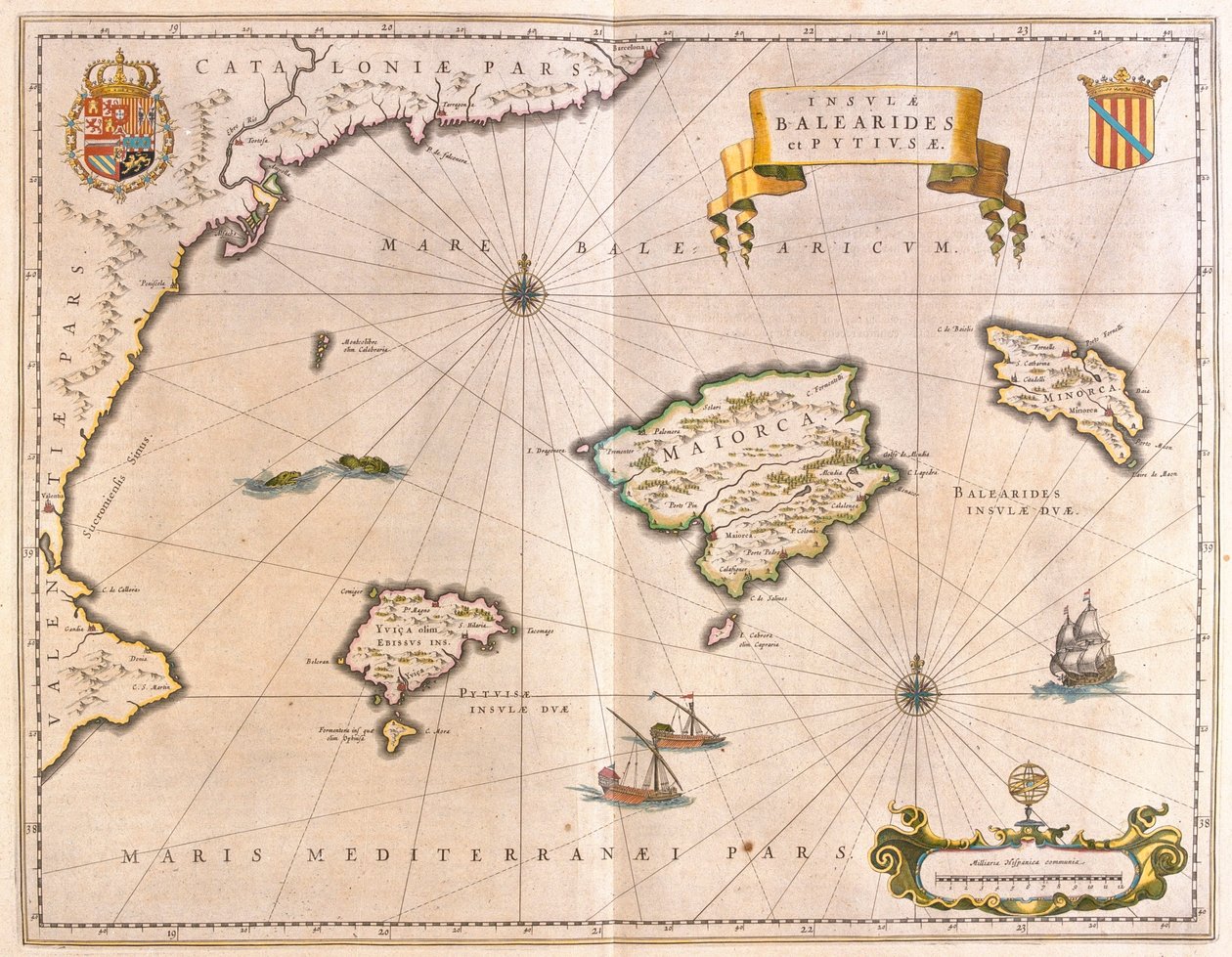 Mallorca, Menorca és Ibiza, beleértve Katalónia és Valencia partjait, Willem Blaeu, Amszterdam, "Theatrum Orbis Terrarum, sive Atlas Novus" című művében. alkotó: Willem Blaeu