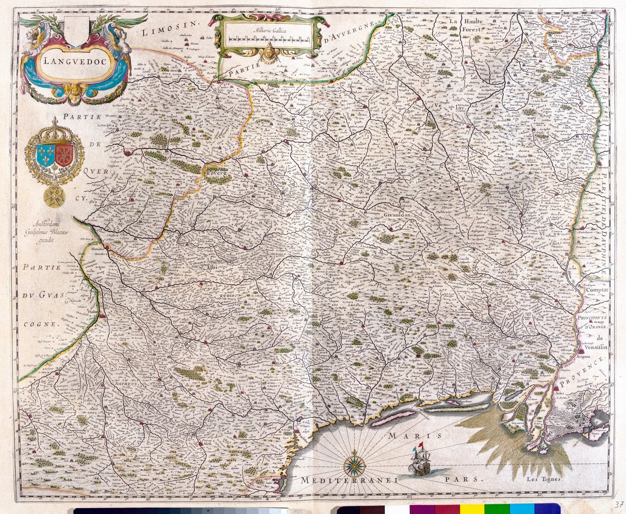 Languedoc - Roussillon - Montpellier - Toulouse - Avignon - Arles térkép, Willem Blaeu, Amszterdam, "Theatrum Orbis Terrarum, sive Atlas Novus" című művében. alkotó: Willem Blaeu