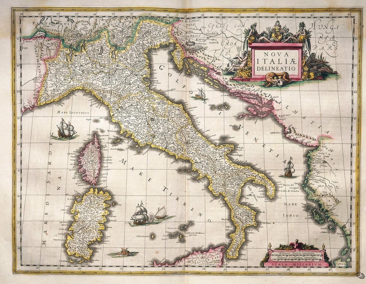 Olaszország térképe, Willem Blaeu, Amszterdam, Theatrum Orbis Terrarum című művéből. alkotó: Willem Blaeu