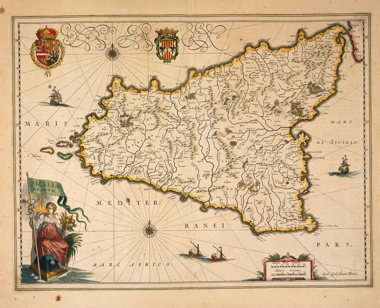 Szicília térképe, Willem Blaeu, Olaszországból, metszet alkotó: Willem Blaeu