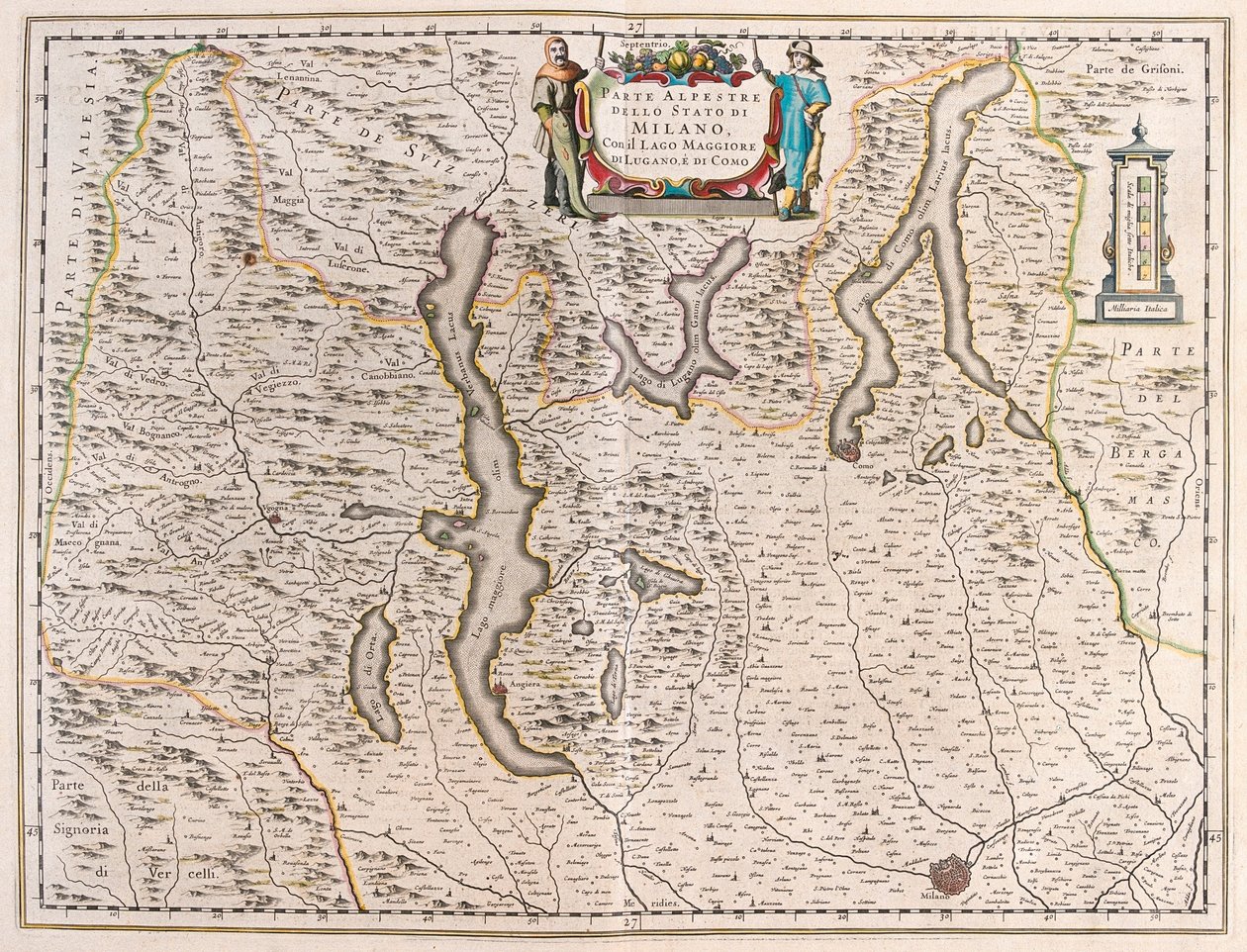 Milánó, tavakkal: Maggiore, Lugano és Como, Olaszország-Svájc - a "Theatrum Orbis Terrarum, sive Atlas Novus" című műben, szerző: Willem Blaeu, Amszterdam. alkotó: Willem Blaeu