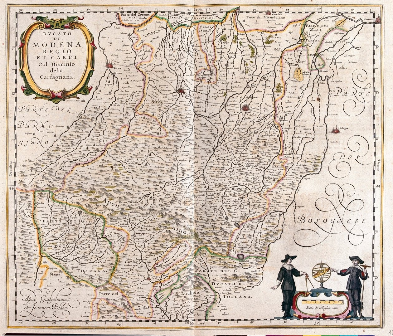 Modena, Reggio Emilia, Carpi, Garfagnana vége, Olaszország, Willem Blaeu, Amszterdam, "Theatrum Orbis Terrarum, sive Atlas Novus" című művében. alkotó: Willem Blaeu