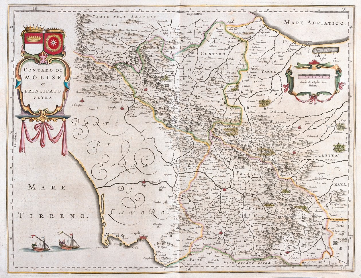 Molise, Benevento, Avellino, Olaszország, Willem Blaeu, Amszterdam, "Theatrum Orbis Terrarum, sive Atlas Novus" című könyvében. alkotó: Willem Blaeu