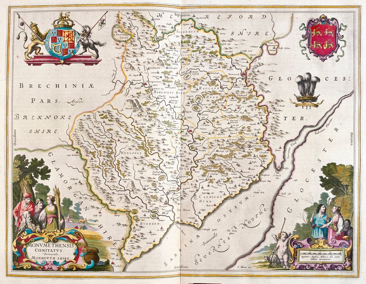 Monmouth shire (Anglia és Wales), a Willem Blaeu által készített "Theatrum Orbis Terrarum, sive Atlas Novus"-ban (Amszterdam). alkotó: Willem Blaeu