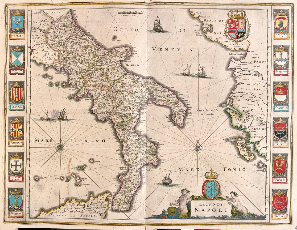 Nápoly, Olaszország, az amszterdami Willem Blaeu "Theatrum Orbis Terrarum, sive Atlas Novus" című művében. alkotó: Willem Blaeu