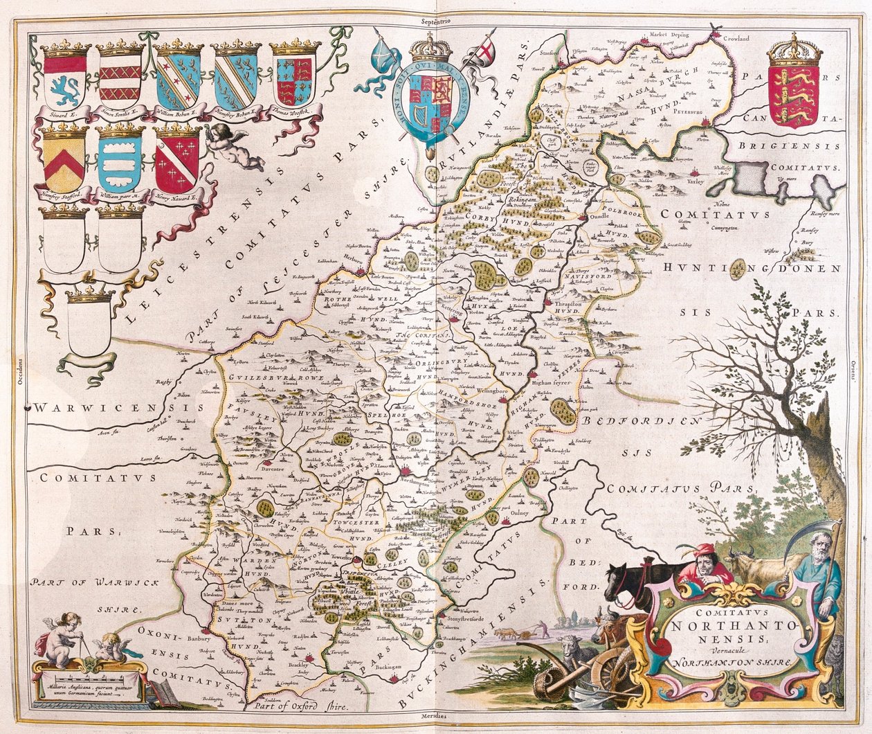 Northampton shire, a Willem Blaeu által készített "Theatrum Orbis Terrarum, sive Atlas Novus"-ban (Amszterdam). alkotó: Willem Blaeu