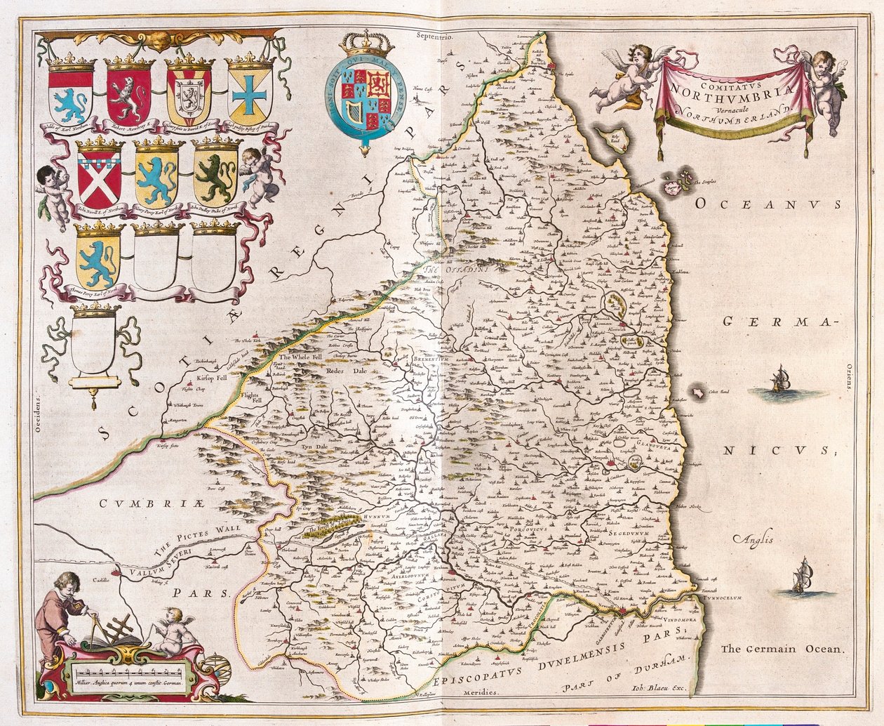 Northumberland, a Willem Blaeu által készített "Theatrum Orbis Terrarum, sive Atlas Novus"-ban (Amszterdam). alkotó: Willem Blaeu