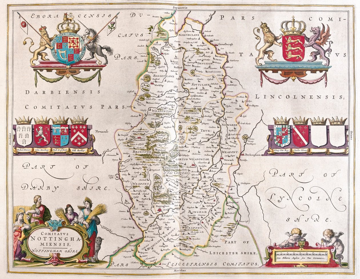 Nottingham shire, a Willem Blaeu által készített "Theatrum Orbis Terrarum, sive Atlas Novus"-ban, Amszterdam, Amszterdam alkotó: Willem Blaeu