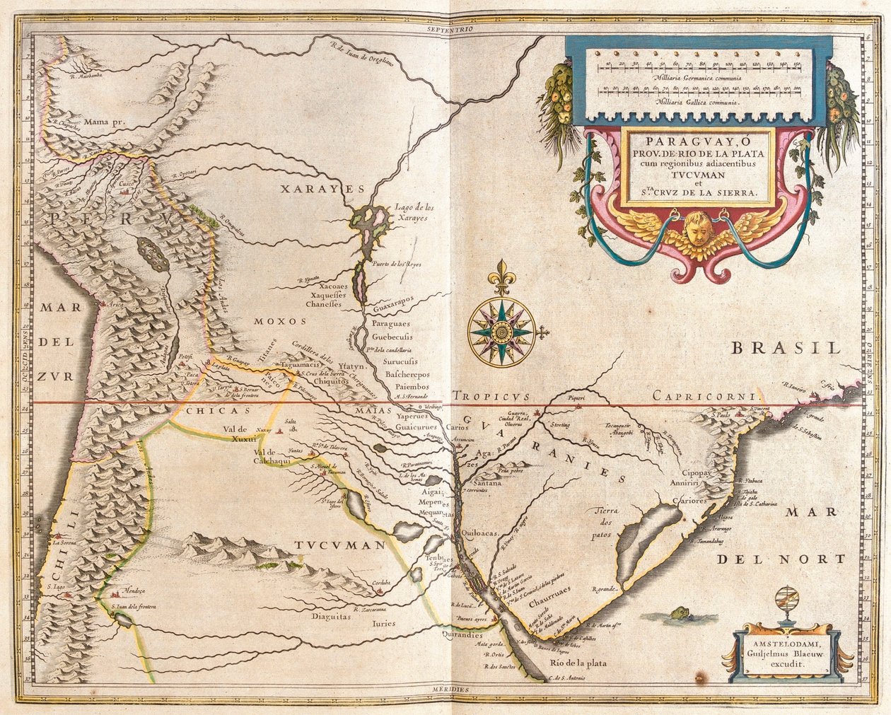 Paraguay és Rio d la Plata, a Willem Blaeu által készített "Theatrum Orbis Terrarum, sive Atlas Novus"-ban (Amszterdam). alkotó: Willem Blaeu