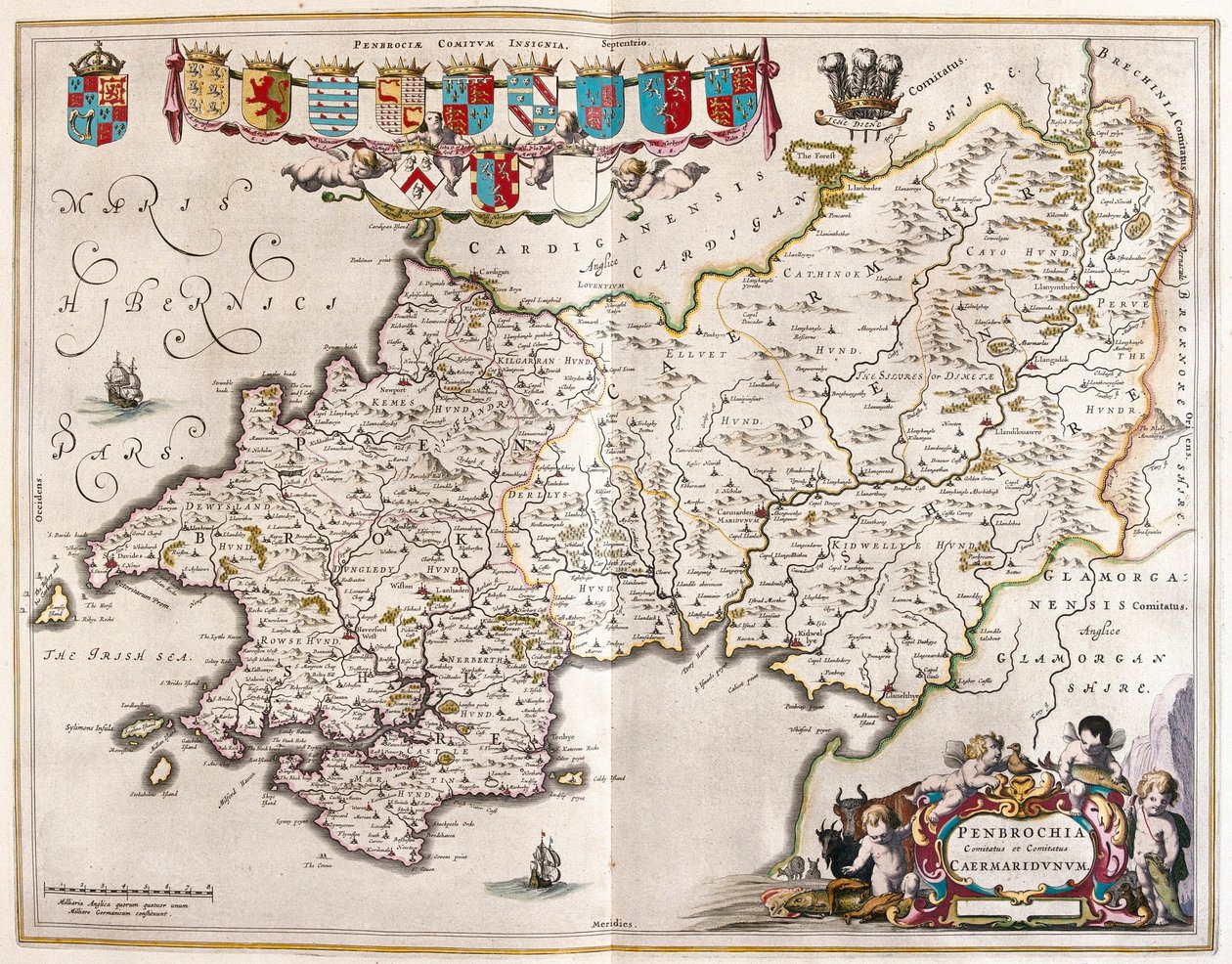 Pembrokrshire és carmarthenshire, a Willem Blaeu által készített "Theatrum Orbis Terrarum, sive Atlas Novus"-ban (Amszterdam). alkotó: Willem Blaeu