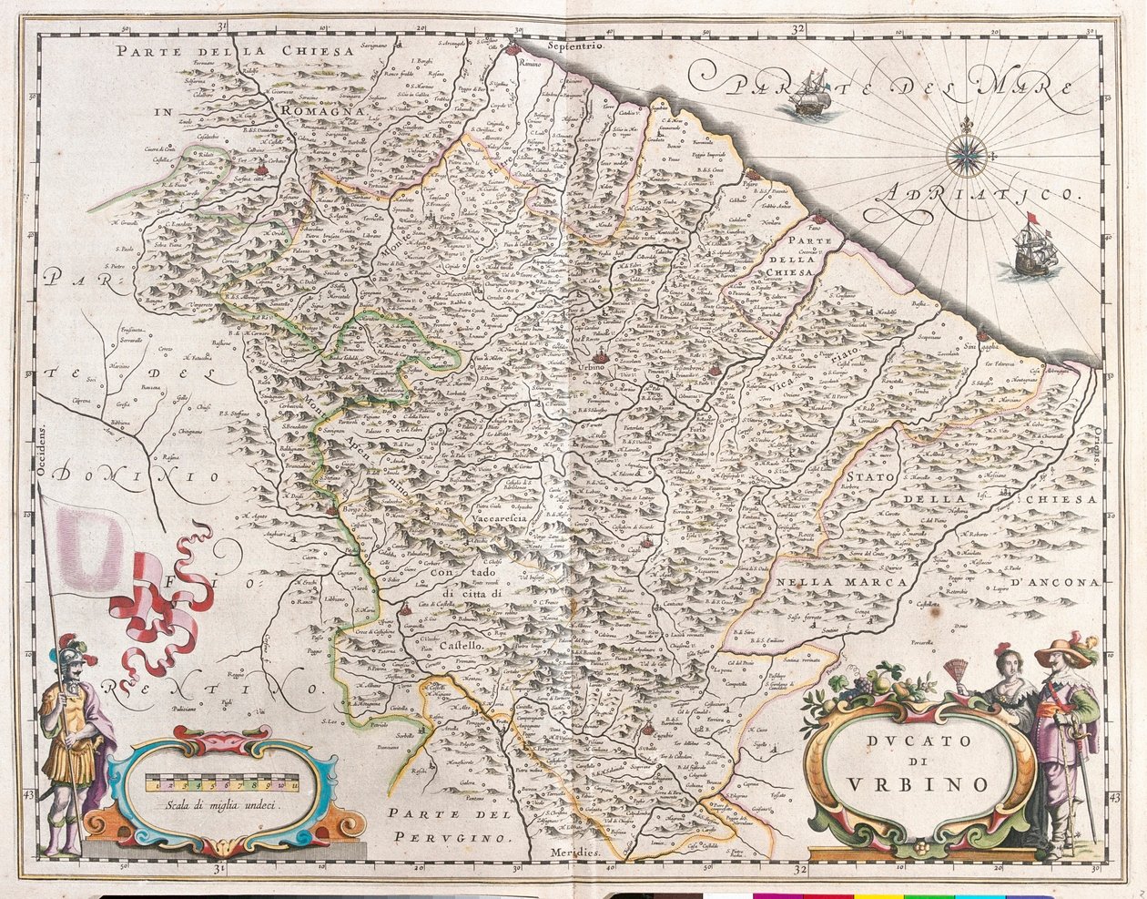 Pesaro és Urbino, Olaszország, az amszterdami Willem Blaeu "Theatrum Orbis Terrarum, sive Atlas Novus"-ban. alkotó: Willem Blaeu