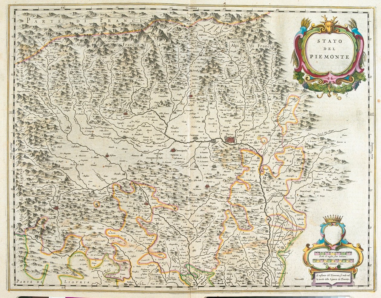 Piemont, Aosta-völgy és Liguria, Olaszország, Willem Blaeu, Amszterdam, "Theatrum Orbis Terrarum, sive Atlas Novus" című művében. alkotó: Willem Blaeu