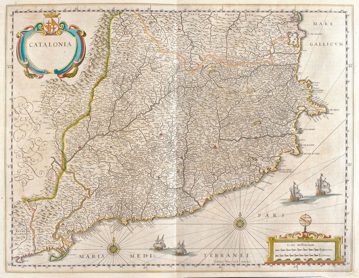 Katalónia tartomány, Spanyolország, az amszterdami Willem Blaeu "Theatrum Orbis Terrarum, sive Atlas Novus" című művében. alkotó: Willem Blaeu