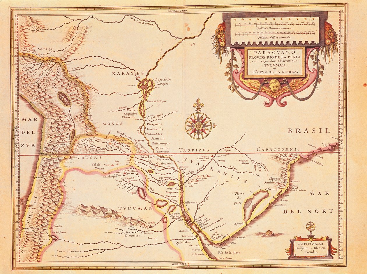 Rio de ll Plate, az Ezüst folyó és a Parana-medence Paraguayban, Willem Blaeu atlaszából alkotó: Willem Blaeu