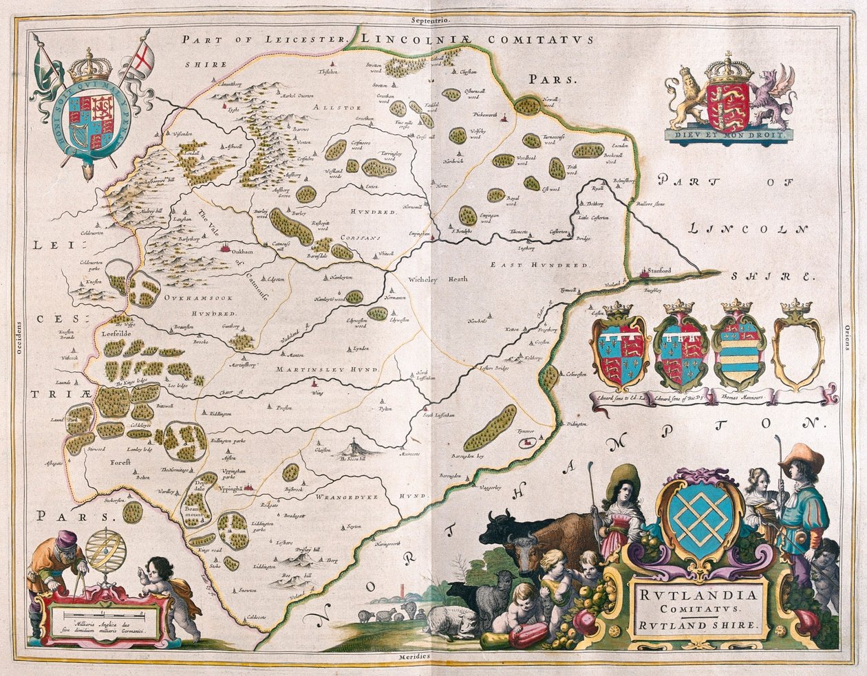 Rutland shire, a Willem Blaeu által készített "Theatrum Orbis Terrarum, sive Atlas Novus"-ban (Amszterdam). alkotó: Willem Blaeu