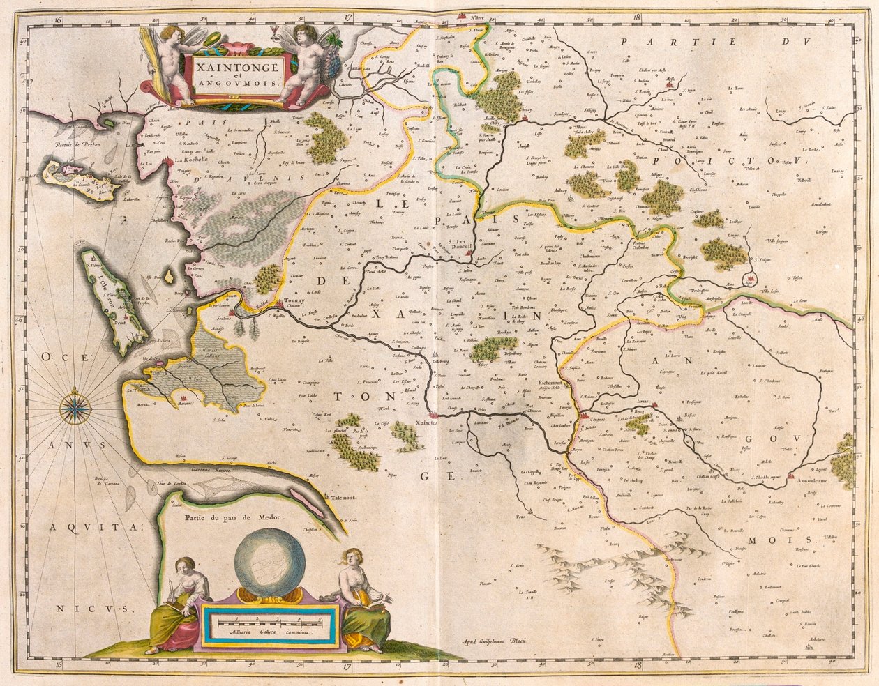 Saintonge és Angoumois, Charente-Maritime, a Willem Blaeu által készített "Theatrum Orbis Terrarum, sive Atlas Novus"-ban (Amszterdam). alkotó: Willem Blaeu