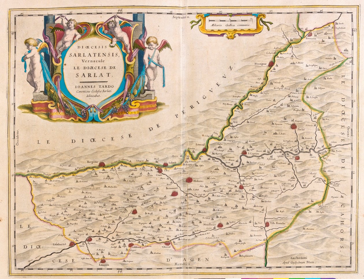 Sarlat régió-Bergerac- Couse-Ville Franche, a Willem Blaeu által készített "Theatrum Orbis Terrarum, sive Atlas Novus"-ban (Amszterdam). alkotó: Willem Blaeu