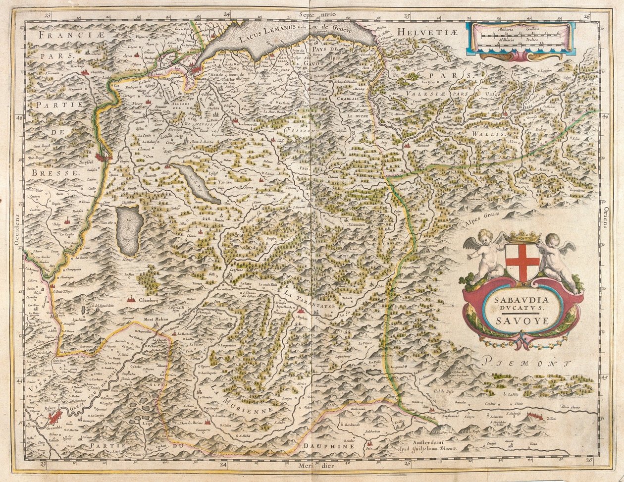 Savoie, Genf és a Leman-tó, Grenoble, Willem Blaeu, Amszterdam, "Theatrum Orbis Terrarum, sive Atlas Novus" című könyvében. alkotó: Willem Blaeu