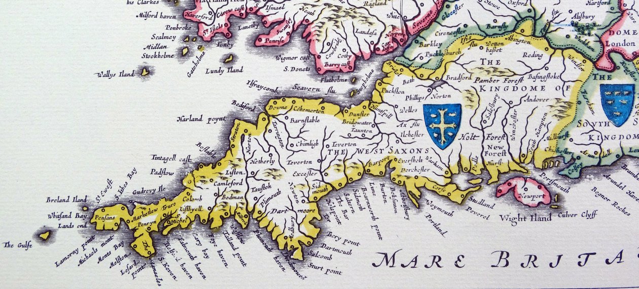 Wessex és Sussex pajzsai a Heptarchiából; az angolszász királyságokra alkalmazott gyűjtőnév. alkotó: Willem Blaeu