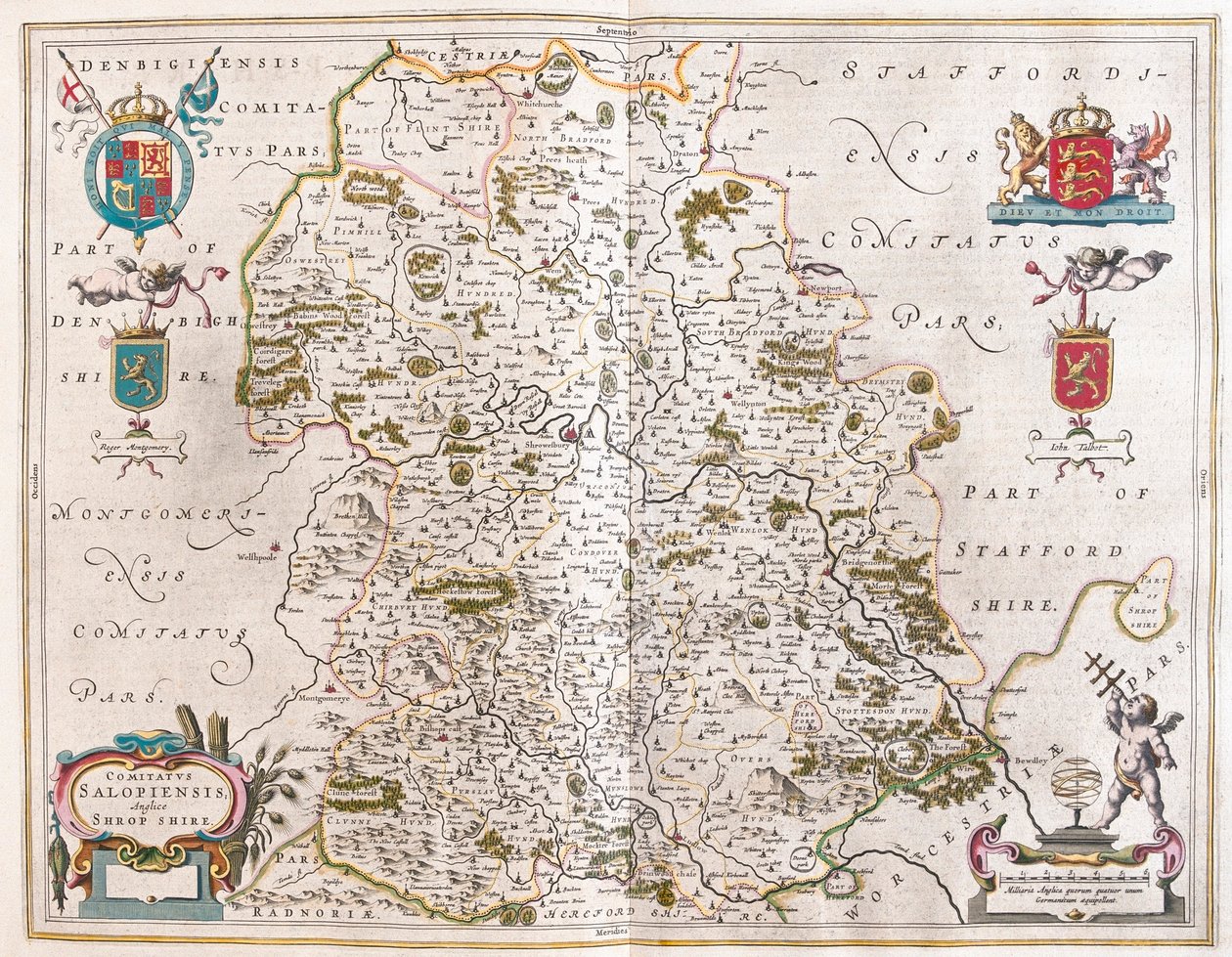Shropshire, a Willem Blaeu által készített "Theatrum Orbis Terrarum, sive Atlas Novus"-ban (Amszterdam). alkotó: Willem Blaeu